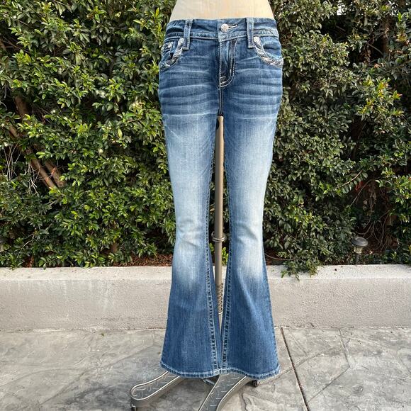 Miss Me Mid Rise EasyBoot Fleur Studded Y2K Blue Denim Jeans 26 - Picture 2 of 9